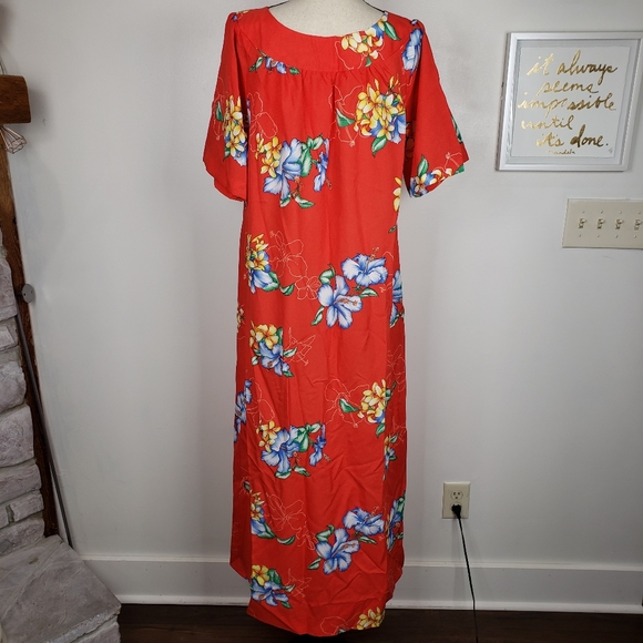 Vintage Hawaiian Red Mumu Floral Short Sleeve Maxi Dress M - Picture 9 of 16
